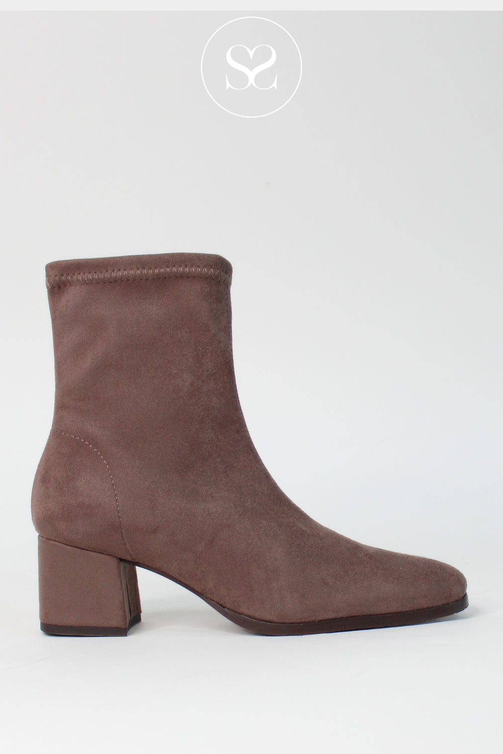 Miss Elastic Taupe Suede Block Heel Sock Boots - 78330