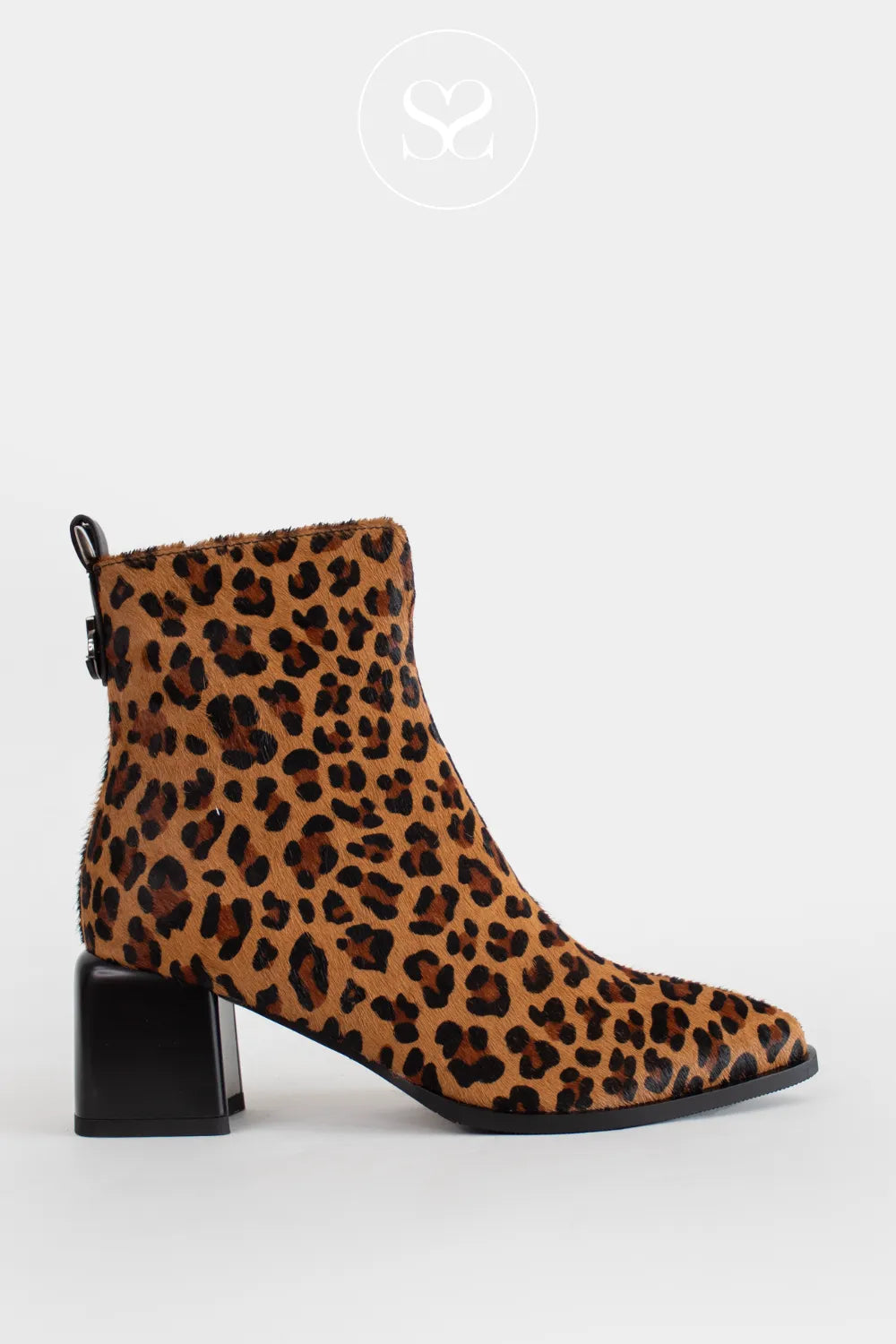 LORETTA VITALE LEOPARD BLOCK HEEL ANKLE BOOTS C9676 FOR WOMEN WITH TEXTURED LEOPARD PRINT FINISH AND BLACK BLOCK HEEL 