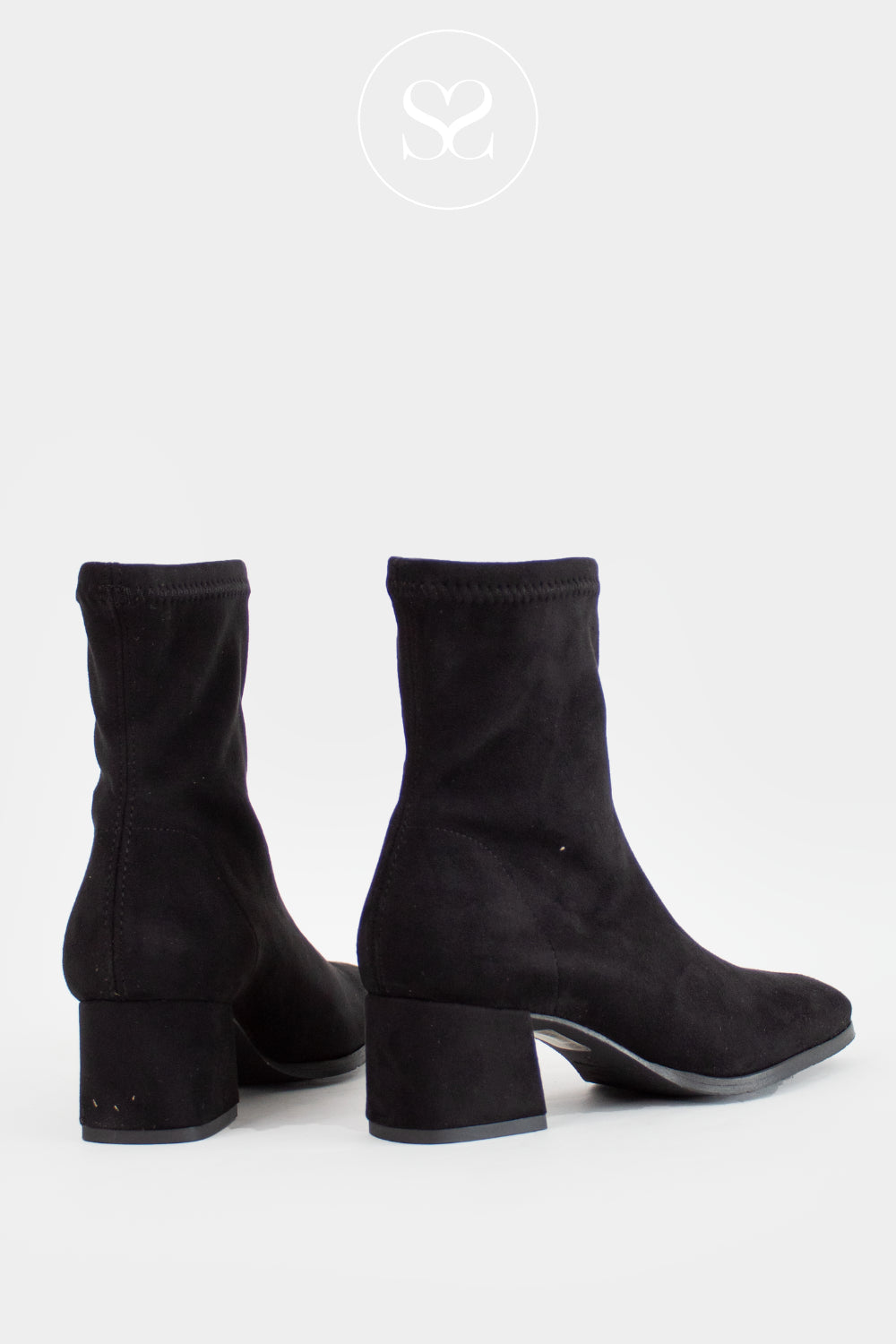 Miss Elastic Black Suede Block Heel Sock Boots - 78330