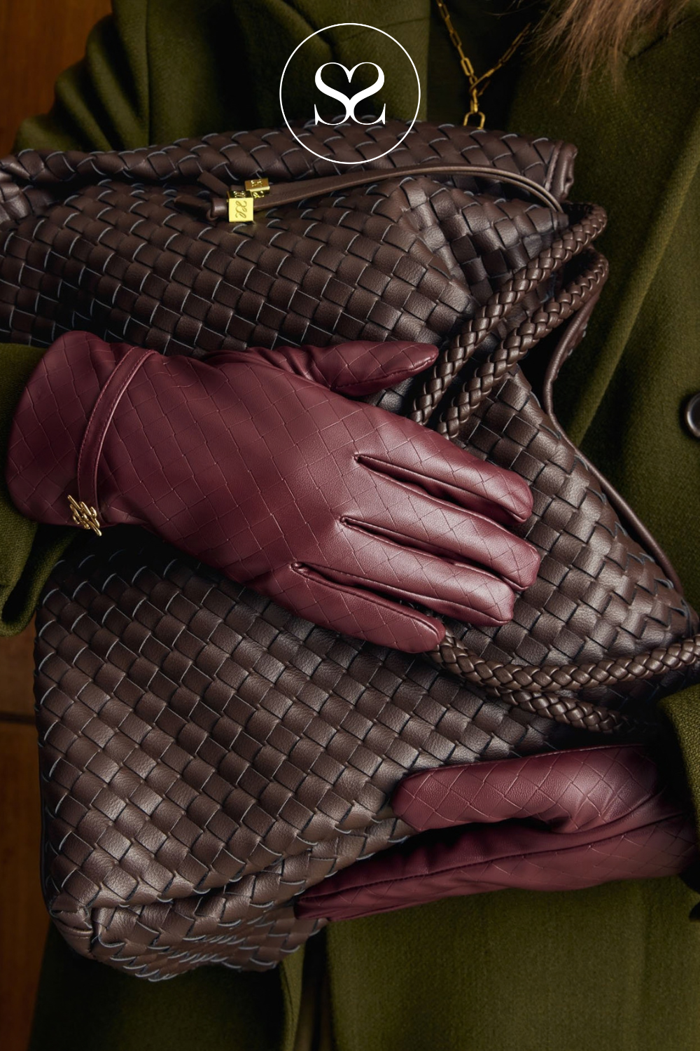Katie Loxton Woven Faux Leather Gloves - Wine