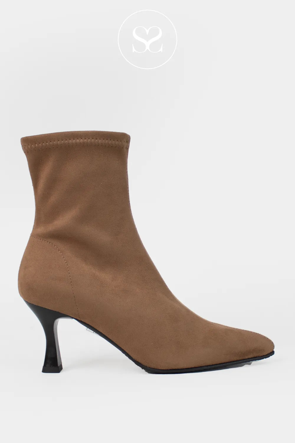 MISS ELASTIC CAMEL FAUX SUEDE POINTED TOE PULL ON SOCK BOOTS 78042