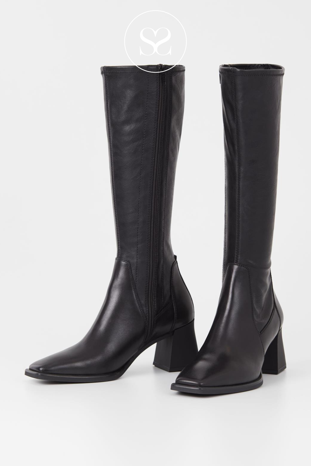 VAGABOND HEDDA 5602-202 BLACK LEATHER SQAURE TOE SOCK KNEE HIGH BOOTS WITH INSIDE ZIP.