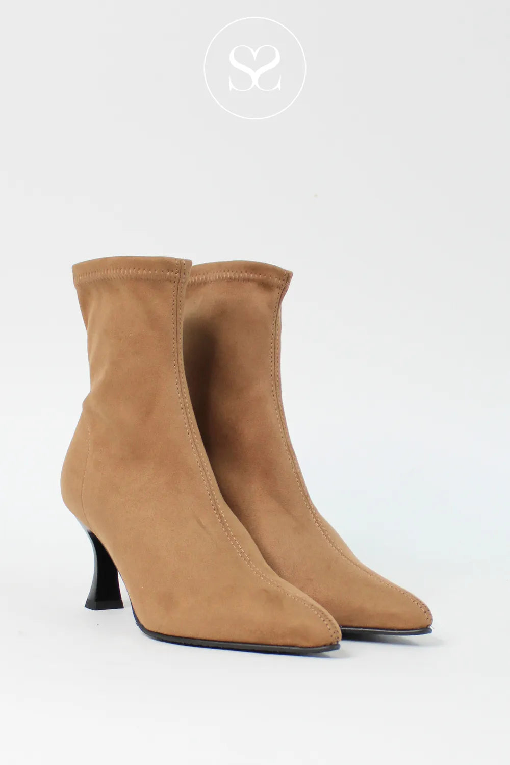 MISS ELASTIC CAMEL FAUX SUEDE POINTED TOE PULL ON SOCK BOOTS 78042