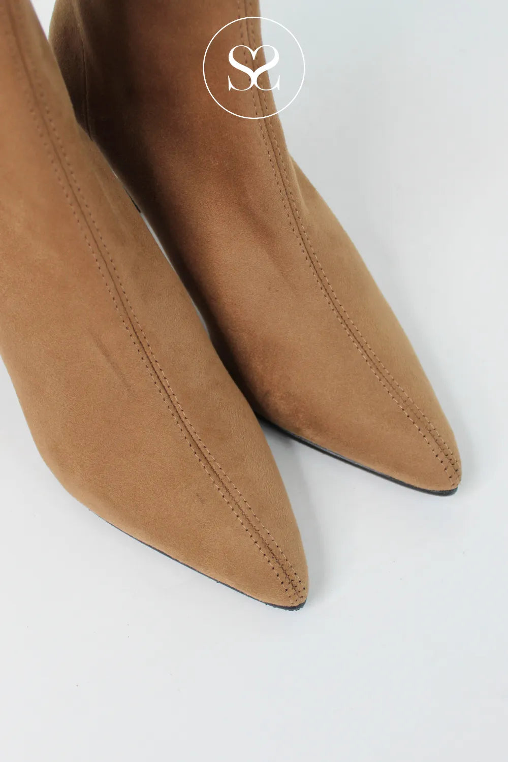 MISS ELASTIC CAMEL FAUX SUEDE POINTED TOE PULL ON SOCK BOOTS 78042