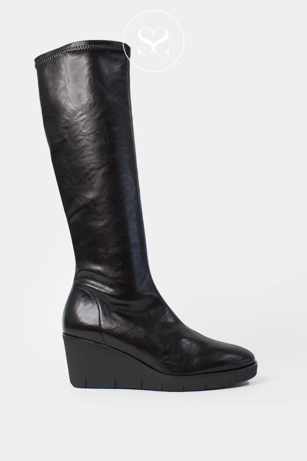 MISS ELASTIC BLACK FAUX LEATHER WEDGE KNEE HIGH BOOTS 76193