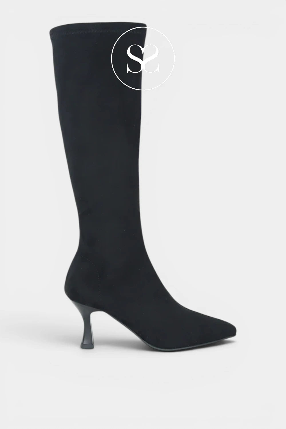 Miss Elastic Black Suede Knee High Sock Boots - 78041