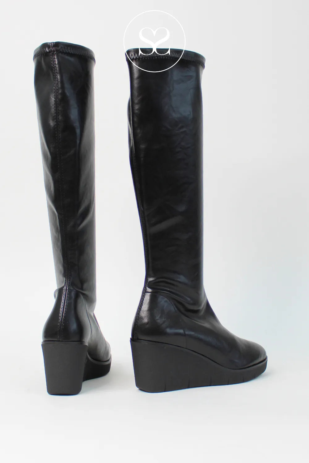 MISS ELASTIC BLACK FAUX LEATHER WEDGE KNEE HIGH BOOTS 76193 IRELAND