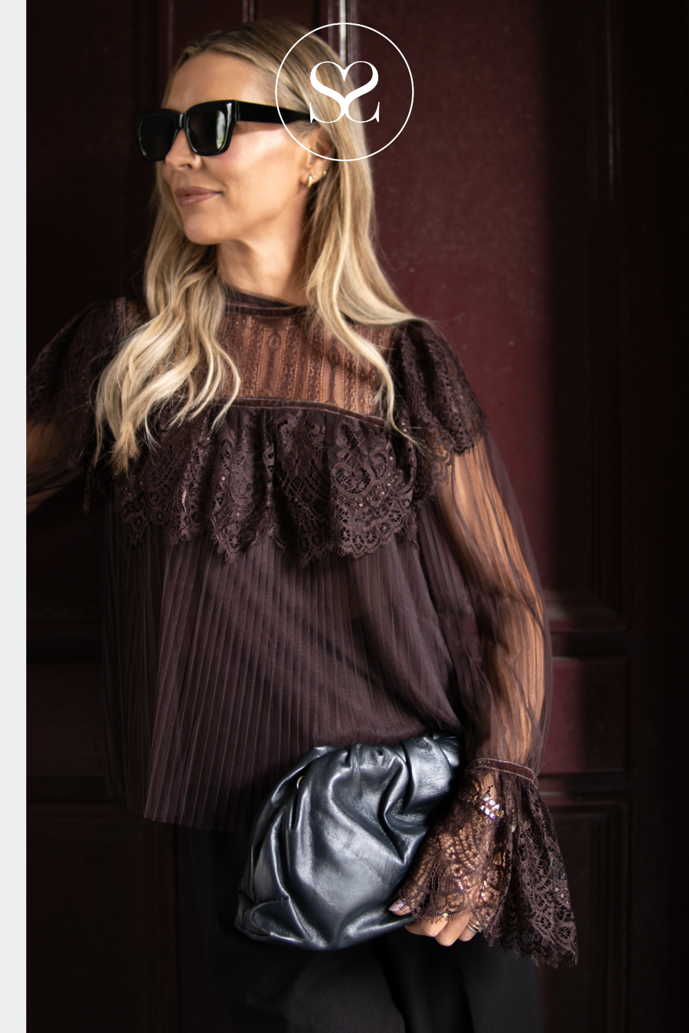 Chocolate Brown Lace and Pleated Tulle Blouse — 81067
