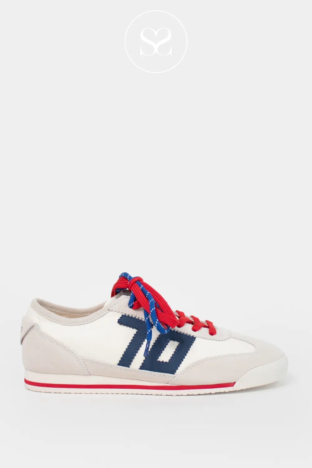 White trainers with navy logo on the side and double laces, one red, one blue. Grey suede toe cap. Comfortable sporty sneakers.