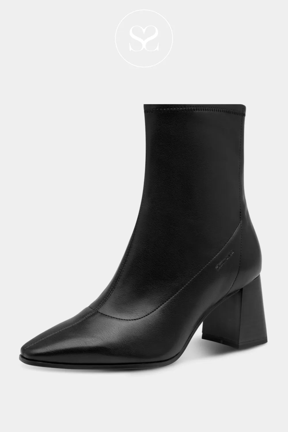 Black ankle boot with block heel and pointed toe. Dressy boots
