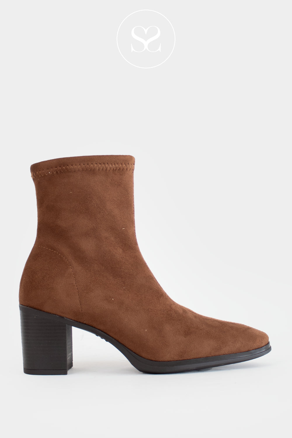 Miss Elastic Brown / Tan Suede Block Heel Sock Boots - 78200