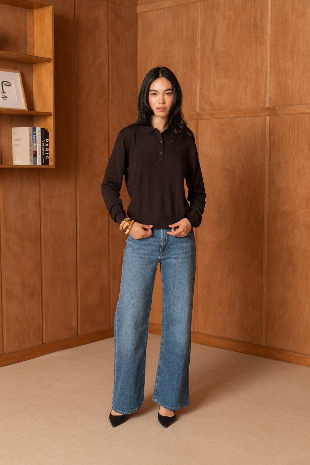 Brown Merino Wool Long Sleeve Polo - ME202616L
