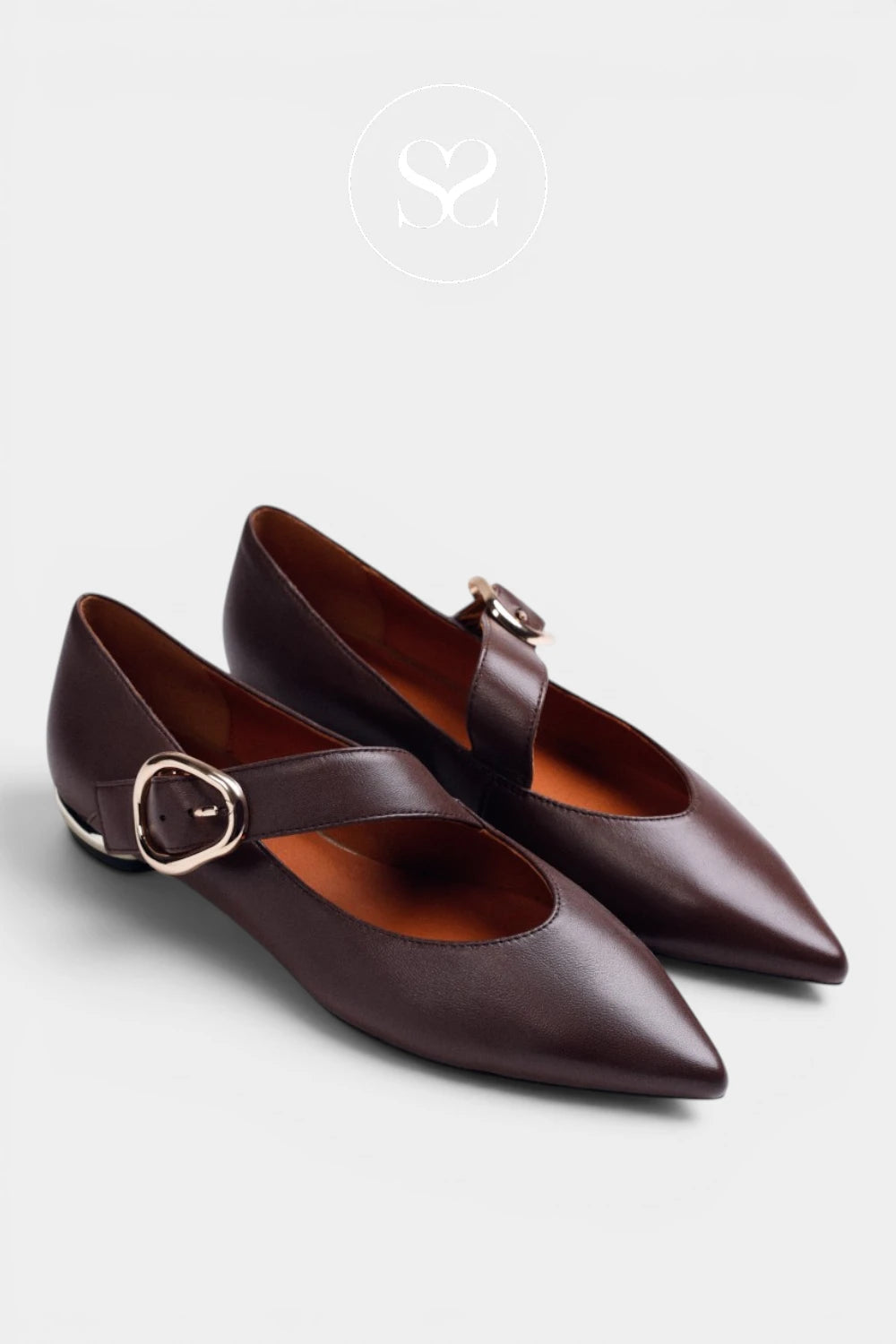 A pair of dark brown leather pointed-toe flats with a single strap and a gold-tone buckle, displayed on a light gray background.