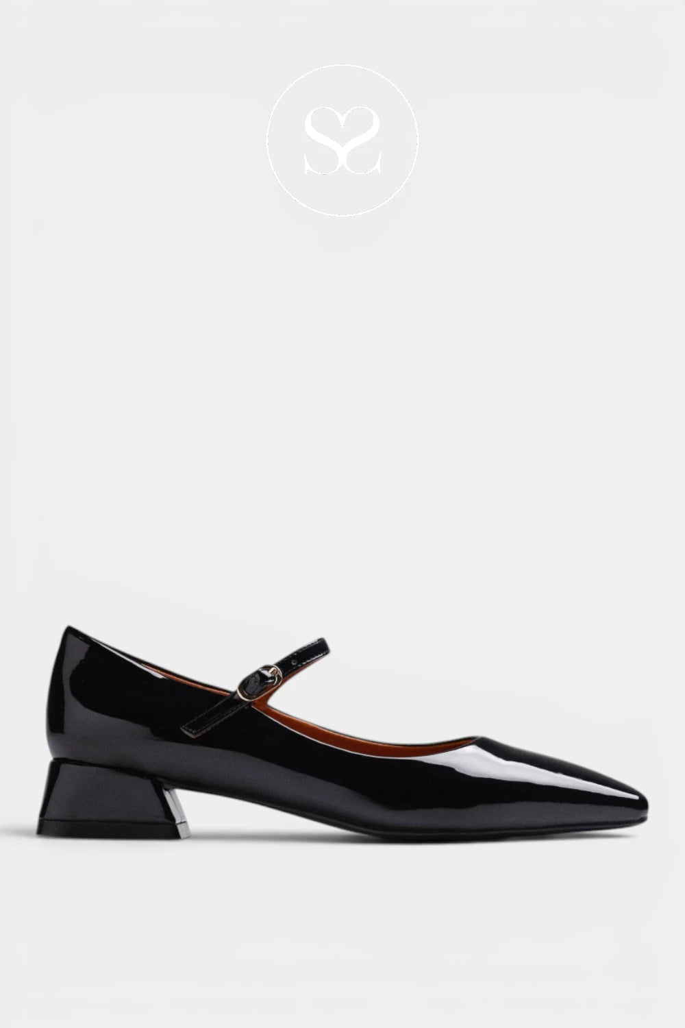 A single black patent leather Mary Jane shoe with a low block heel and a small buckle strap, shown in profile against a light gray background.