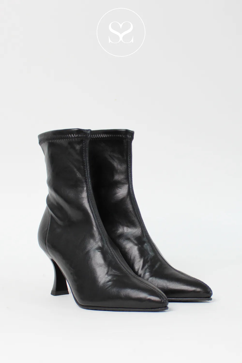 MISS ELASTIC BLACK FAUX LEATHER POINTED TOE PULL ON SOCK BOOTS 78042
