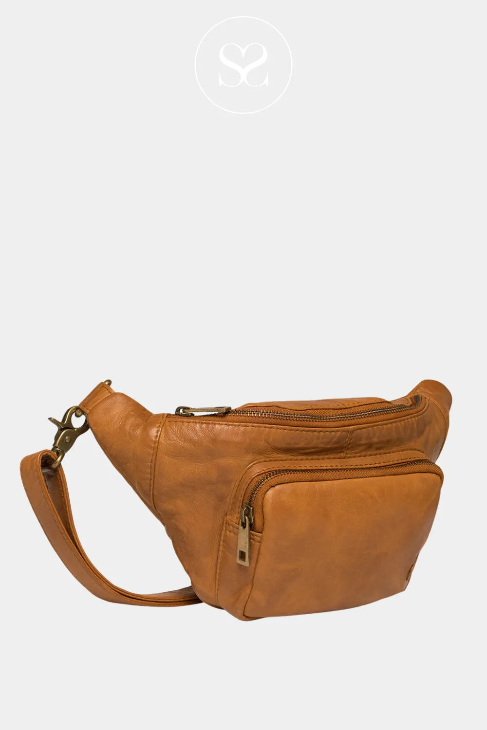 Depeche Tan Leather Crossbody Bum Bag - 13396 for women made from soft leather with gold zip details