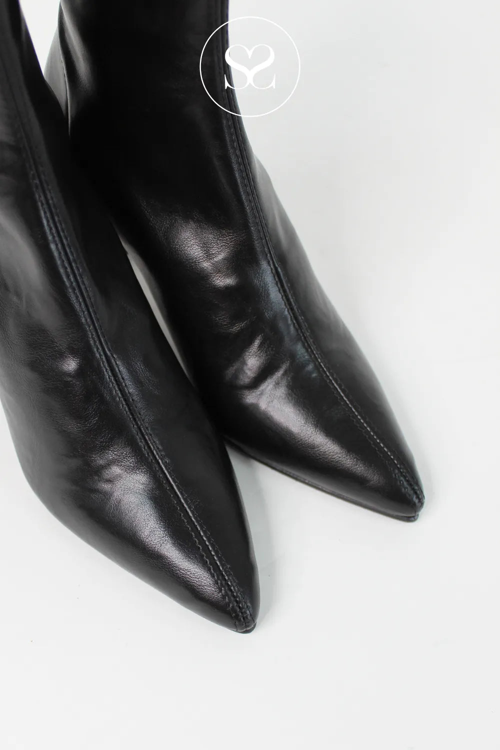 MISS ELASTIC BLACK FAUX LEATHER POINTED TOE PULL ON SOCK BOOTS 78042