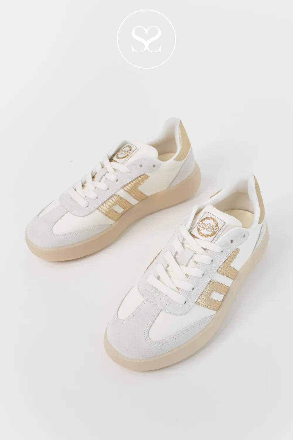 White and gold trainers with laces and flatform sole. Chunky trainers. Comfortable soft leather sneakers.