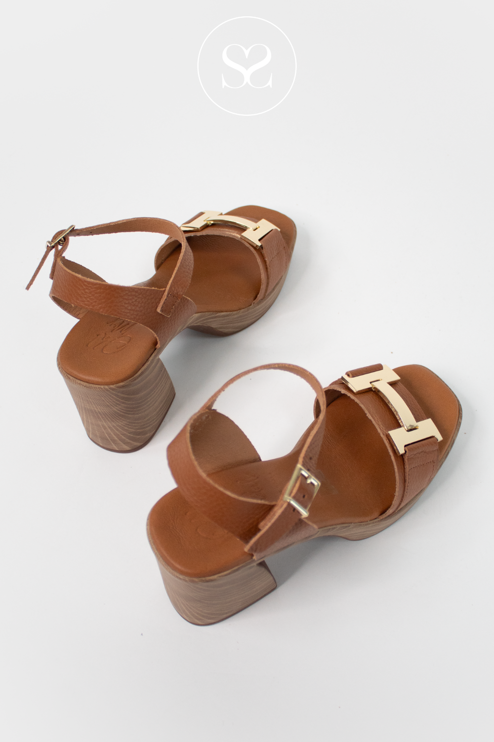 Comfortable tan high heel sandals with gold buckle from oh my sandals