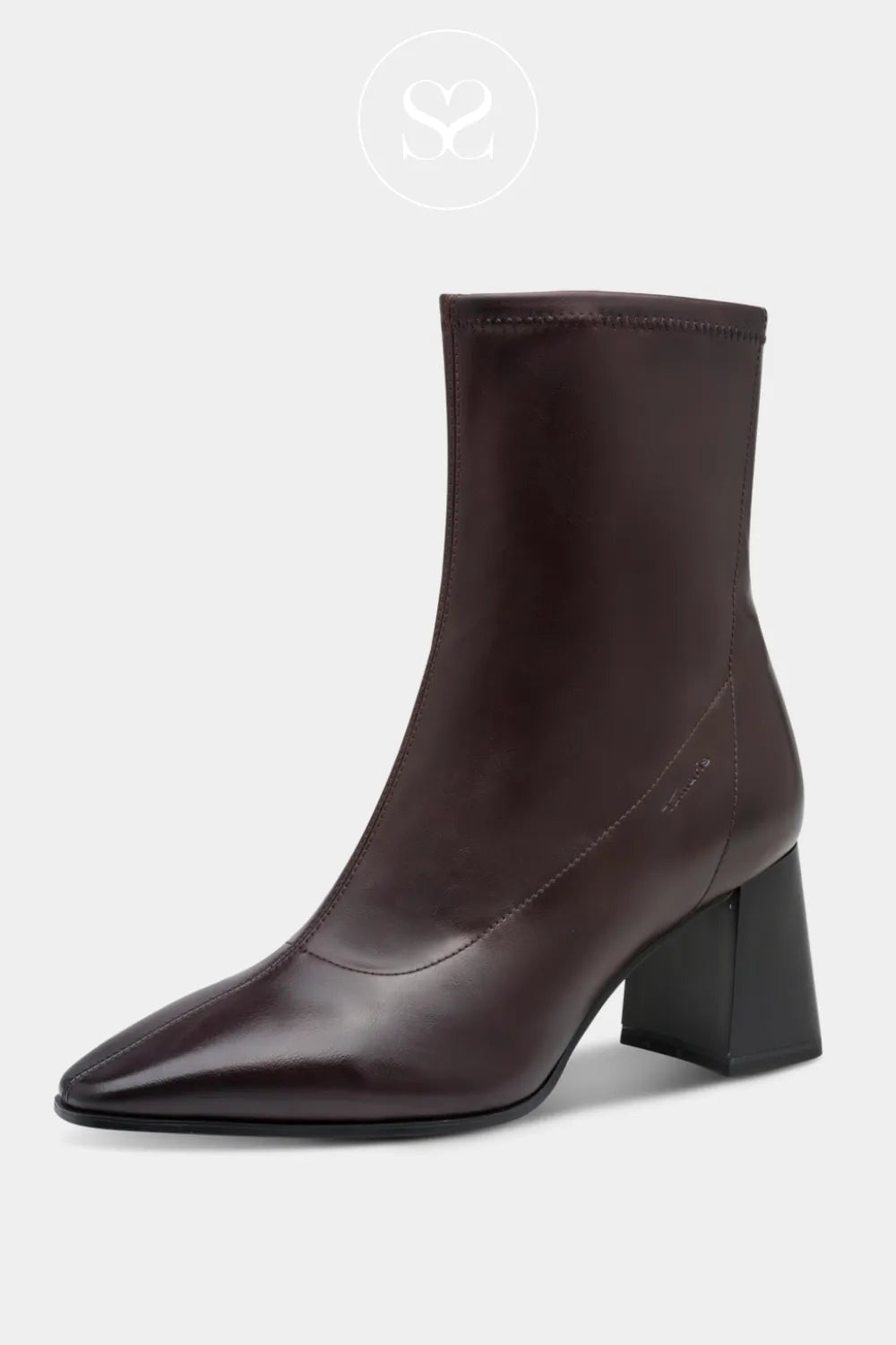 Burgundy dress boots. Sock boots. Pointed toe boots with block heels