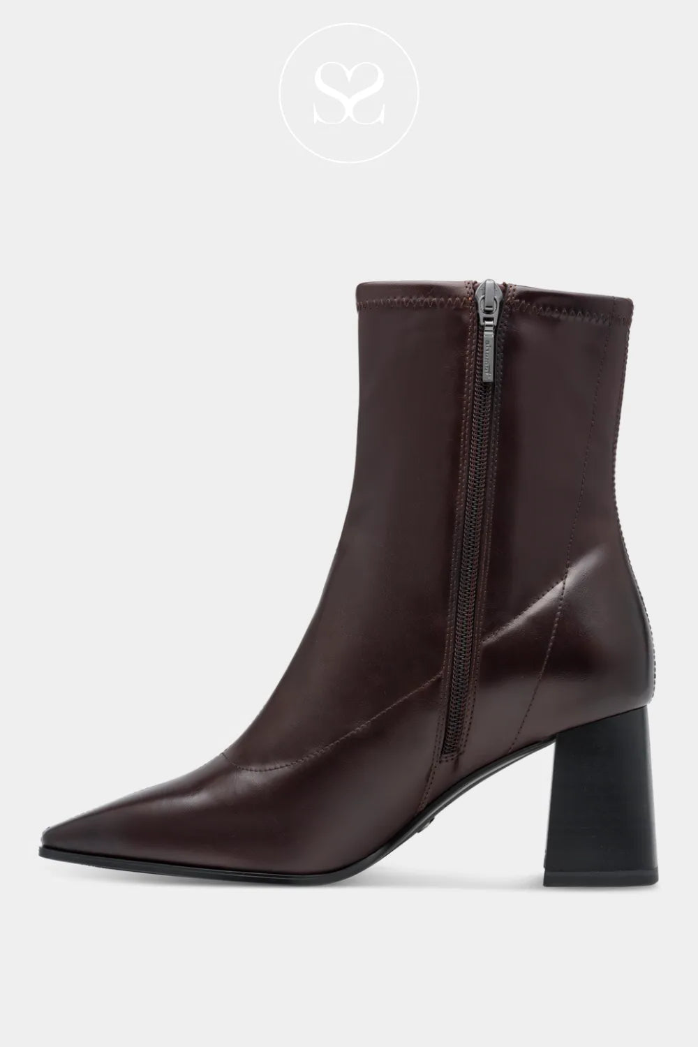 Burgundy ankle boots with inside zip and chunky block heel and flat sole.