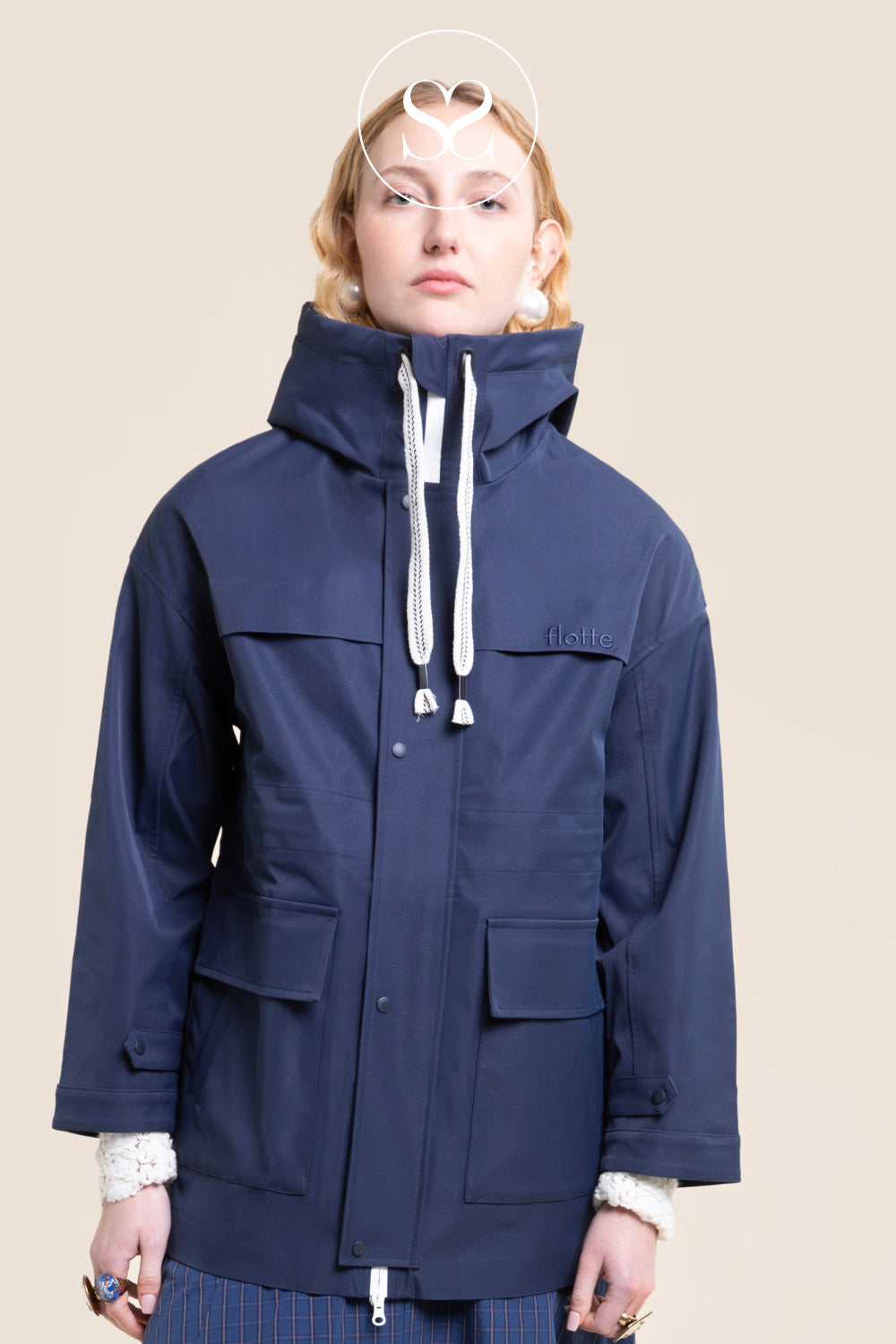 Flotte Navy Hooded Funnel Neck Rain Jacket - Froissart
