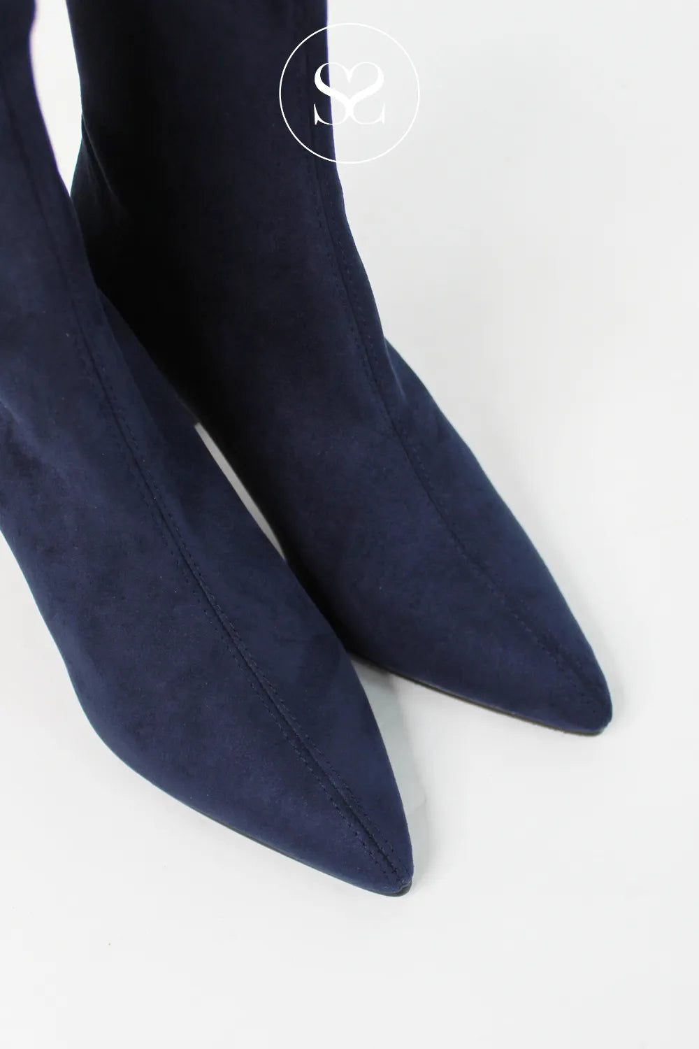 MISS ELASTIC NAVY FAUX SUEDE POINTED TOE PULL ON SOCK BOOTS 78042