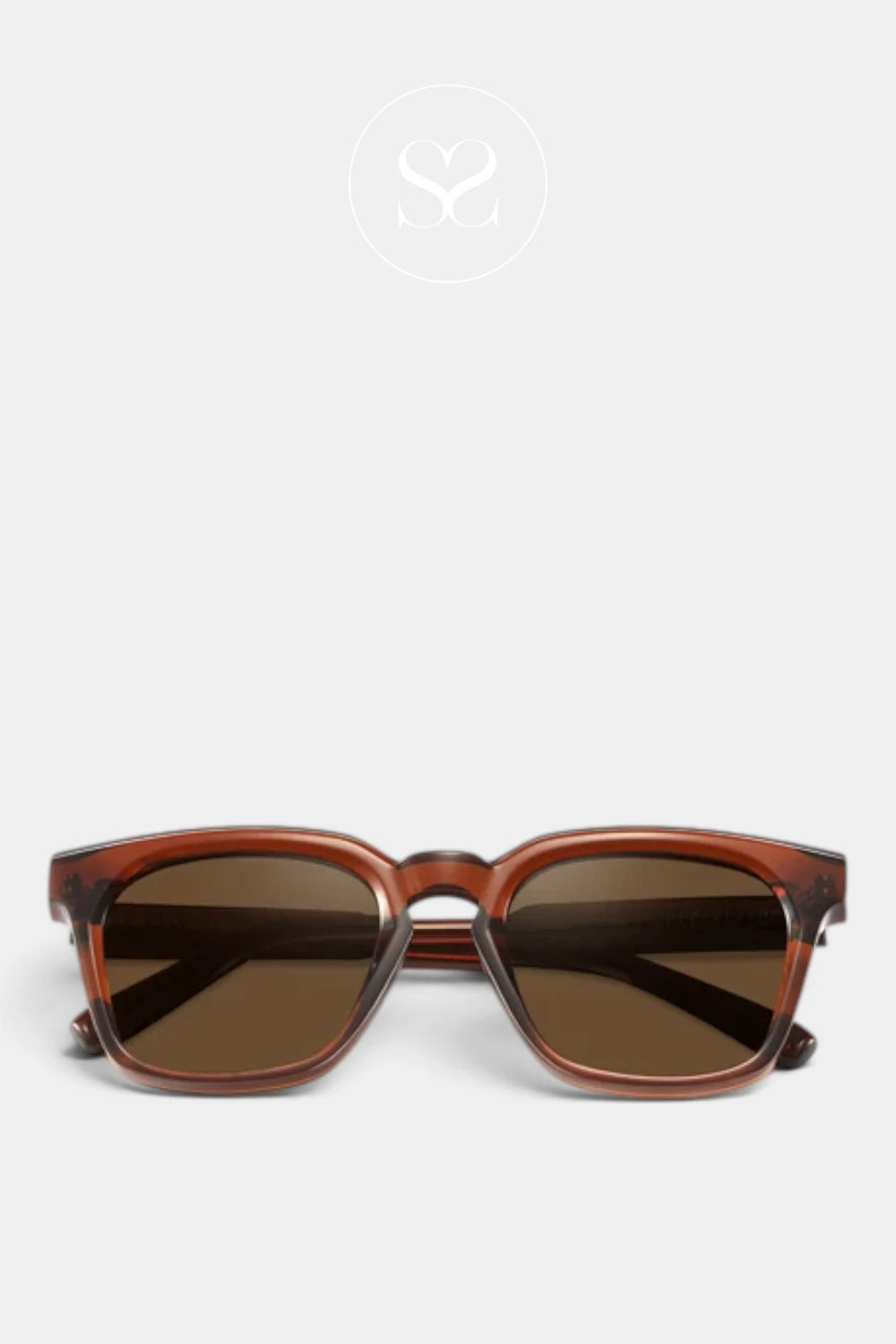 Rectangular sunglasses with a translucent brown and black tortoiseshell frame and dark brown lenses, shown against a light gray background with a faint circular logo
 above.
Eco Shades Brown Sunglasses - Martelli