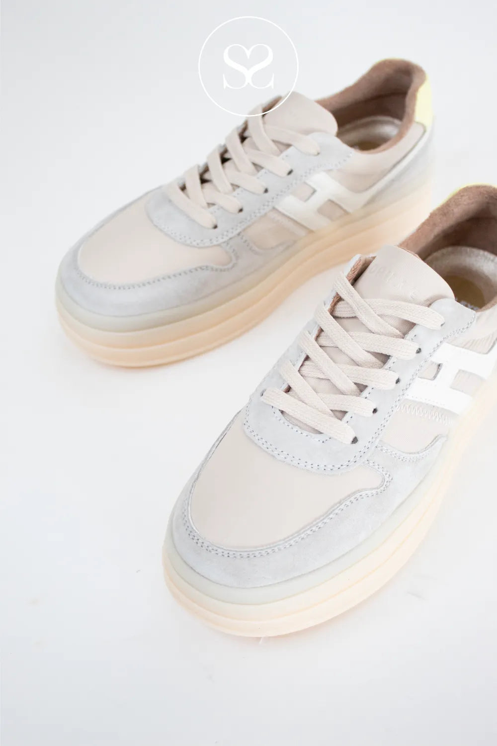 Grey trainers. Summer sneakers with elevated sole.