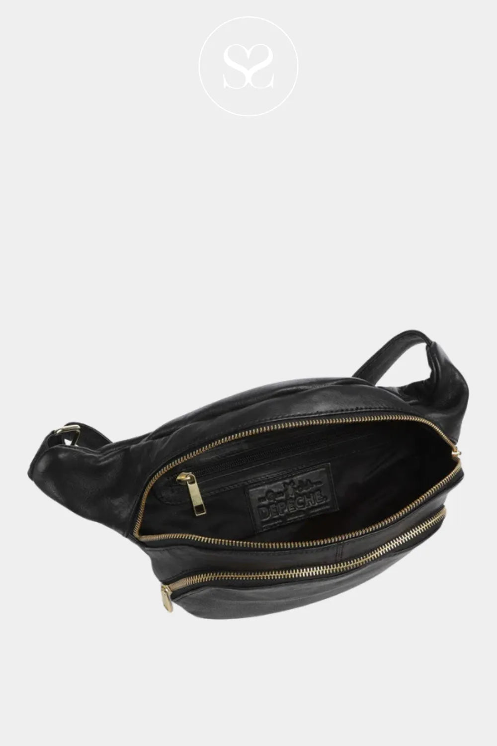 Depeche Black Crossbody Bum-bag (with gold hardware) 16550 for women made from soft leather, with a wide zip opening and an inside pocket