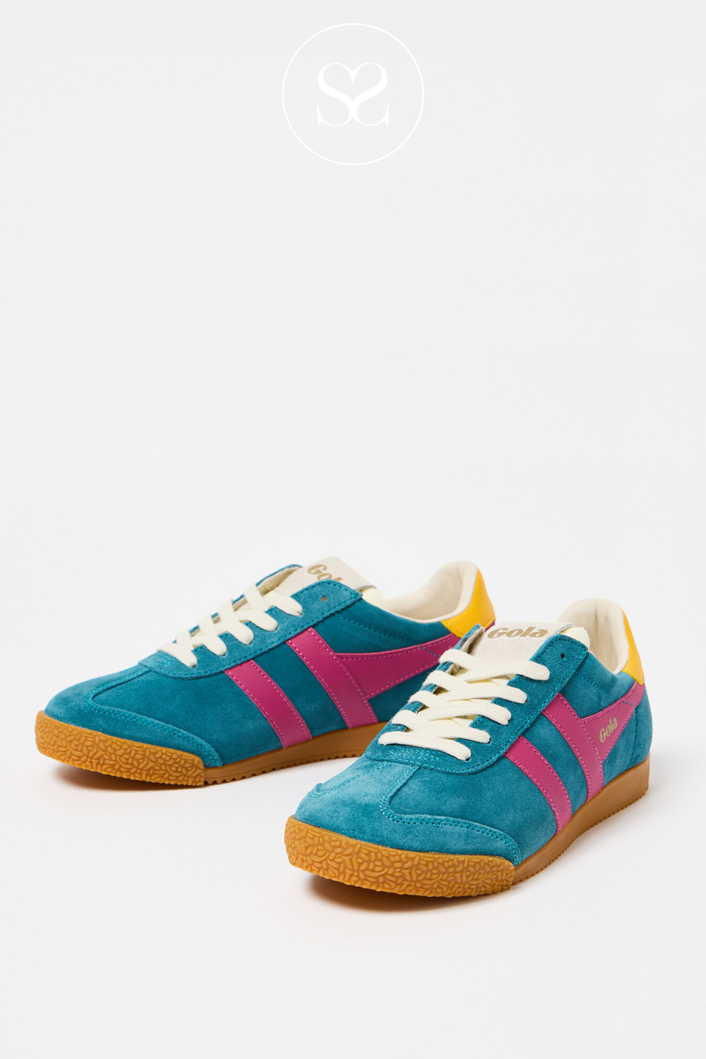 blue and pink low profile trainers from Gola with gum sole