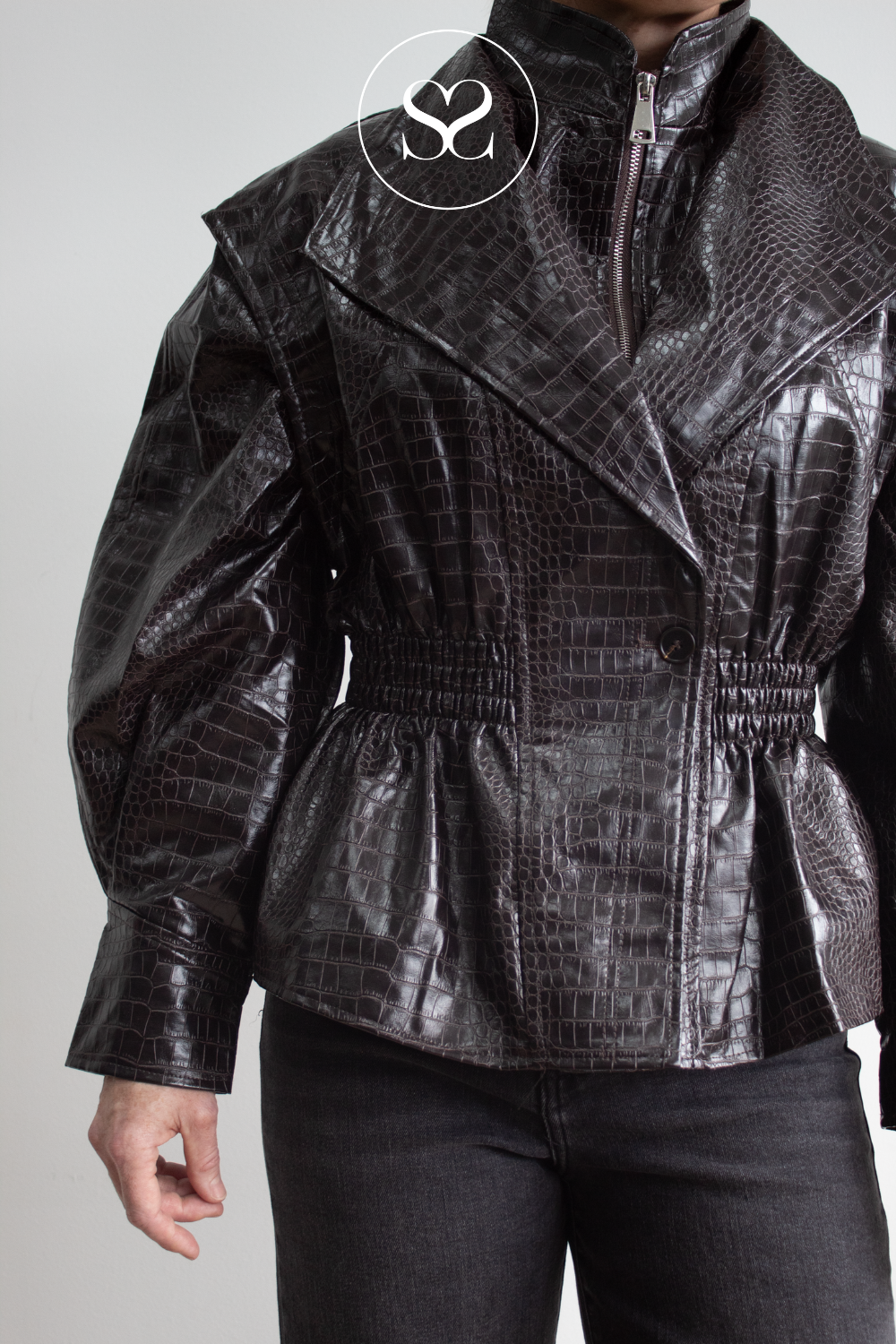 Brown Croc Textured Waisted Leather Jacket - 15007