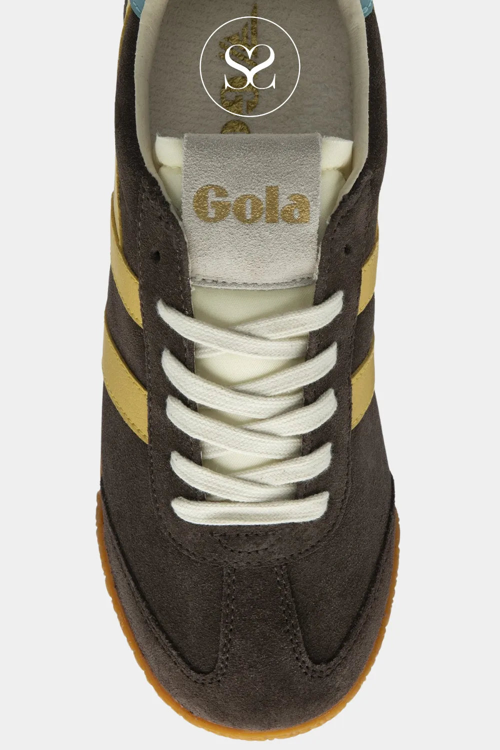GOLAchoc brown reto inpiredladies sneakers with gola branding on tongue ELAN