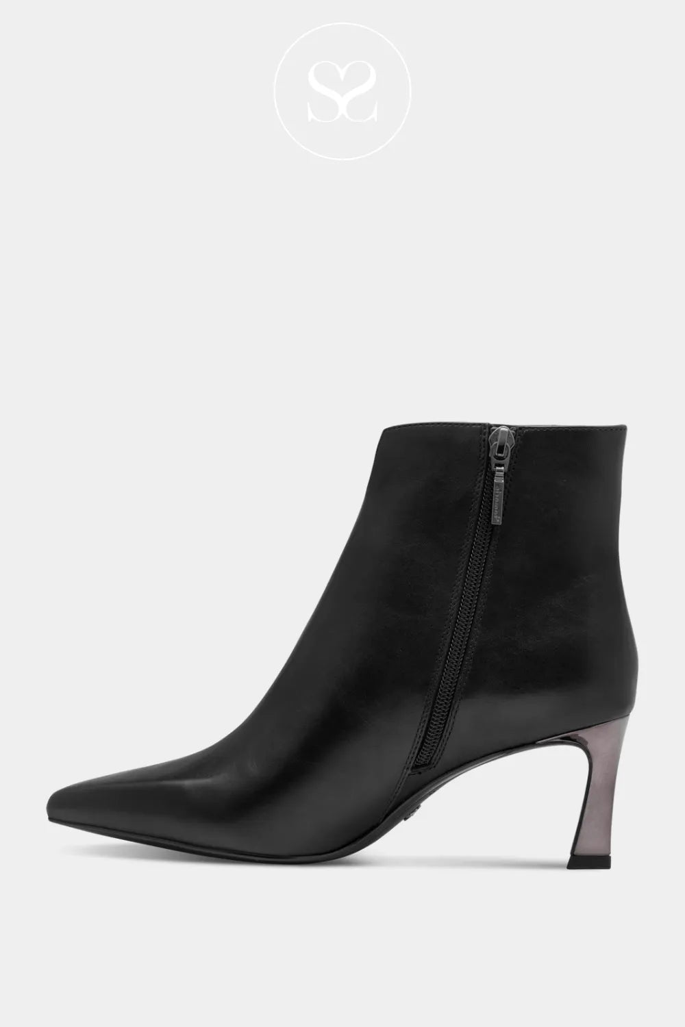 Black leather pointed toe ankle boots with inside zip and mid heel. Occasion boots, suitable for partywear.