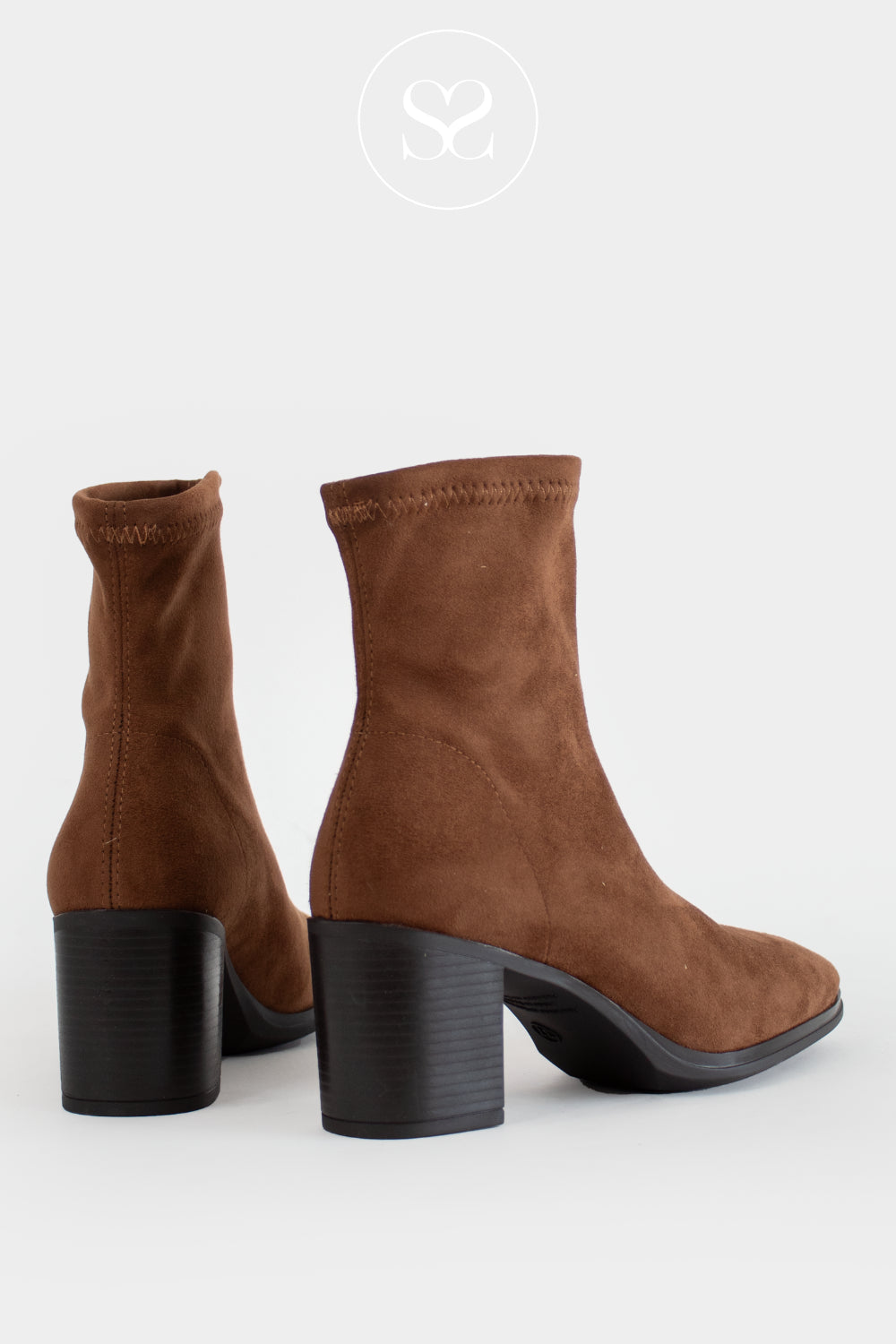 Miss Elastic Tan Suede Block Heel Ankle Boots - 78200