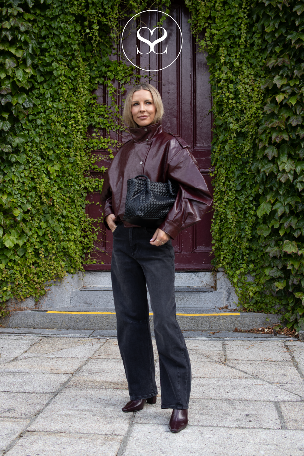 Burgundy Faux Patent Leather with High Collar - CV2212