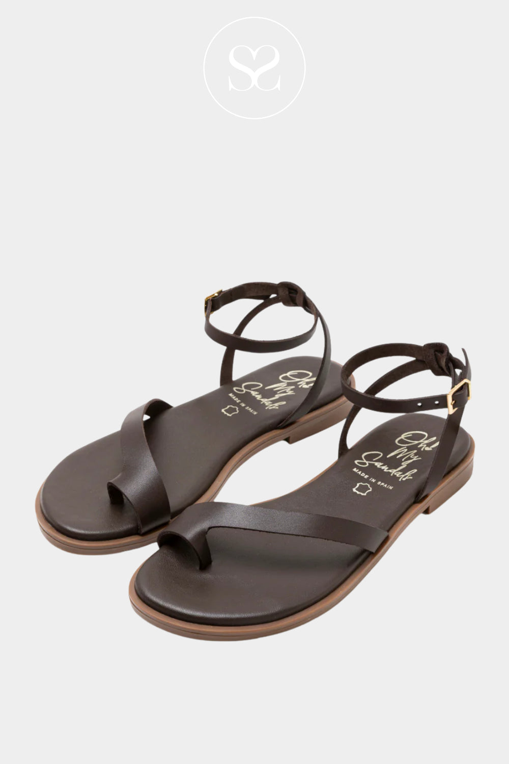 Brown Toe loop sandals with an ankle strap and gold buckle