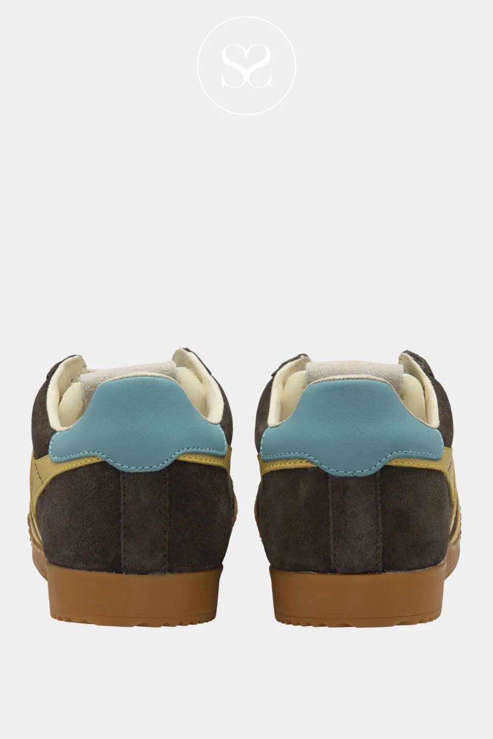 GOLA brown trainer with yellow stripes and baby blue heel cap ELAN