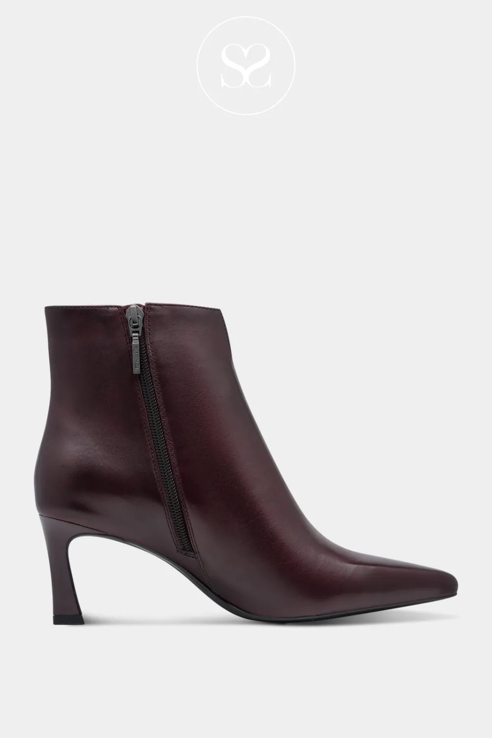 Wine leather pointed toe dress boot with inside zip. Ankle boots with mid heel