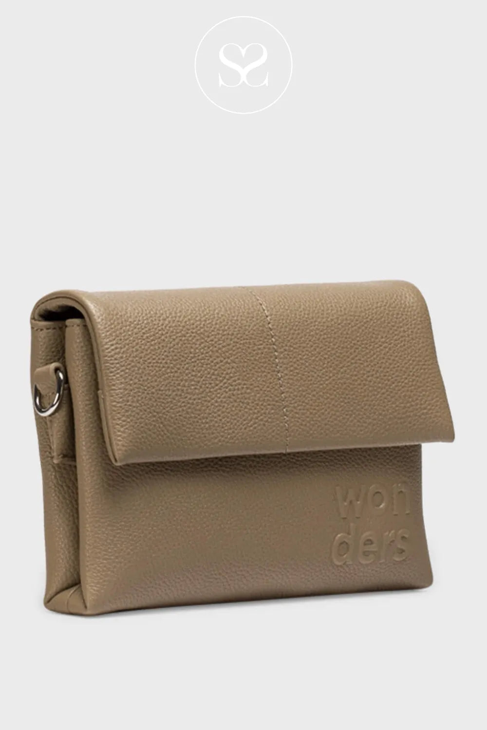 WONDERS WB-54020 taupe crossbody bag with two separate compartments, a central zip pocket, and an inner zip compartment