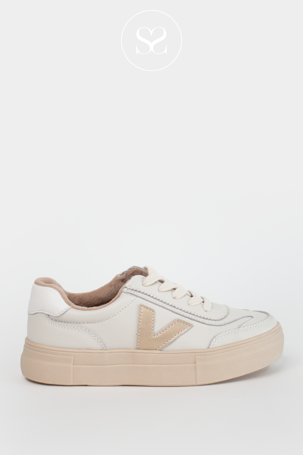 DRILLEYS GOLD/CREAM (IRISH CREAM) EIGHTY LIGHTWEIGHT FLATFORM TRAINERS WITH LACE-UP FRONT AND REMOVABLE AND CUSHIONED INSOLE FOR EXTRA COMFORT