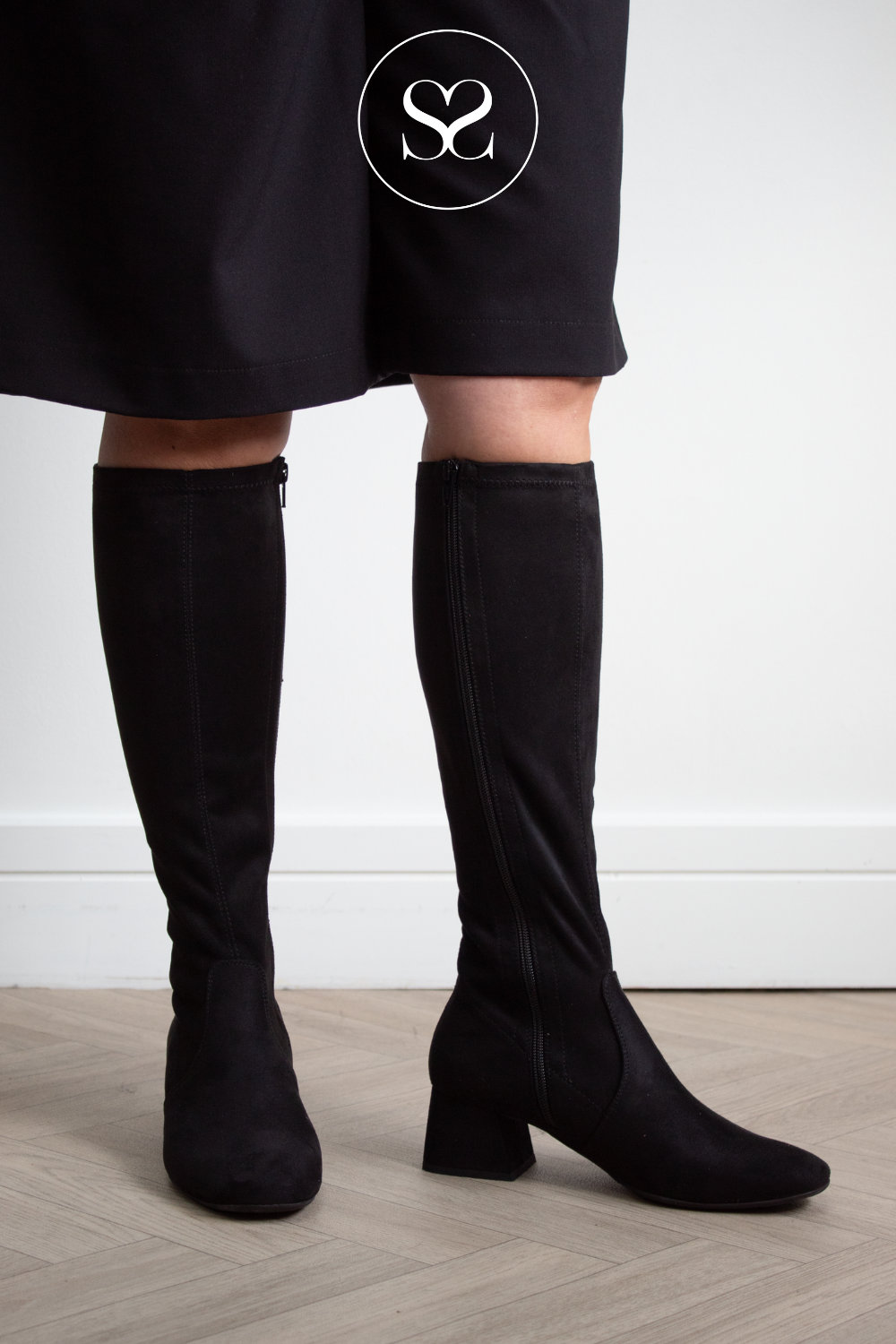 Wonders Black Suede Heeled Knee High Boots - G-5531
