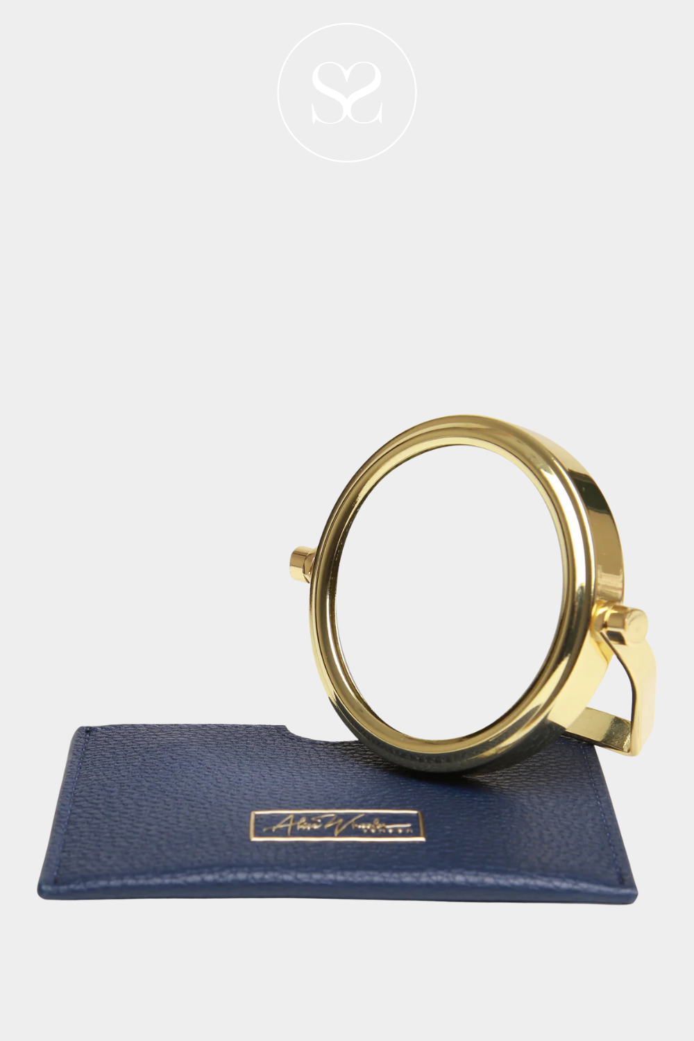 Alice Wheeler gold mirror AW5928 with navy pouch.