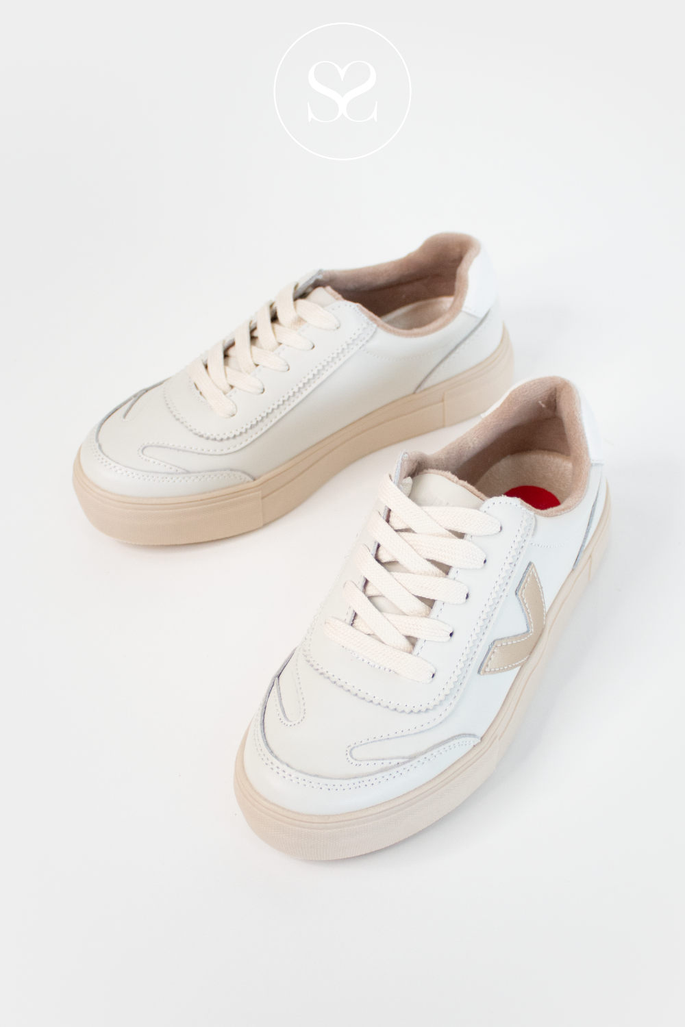 DRILLEYS GOLD/CREAM (IRISH CREAM) EIGHTY TRENDY LIGHTWEIGHT FLATFORM SNEAKERS WITH THE SIGNATURE "V" LOGO IN GOLD ON THE SIDE OF THE SHOE 