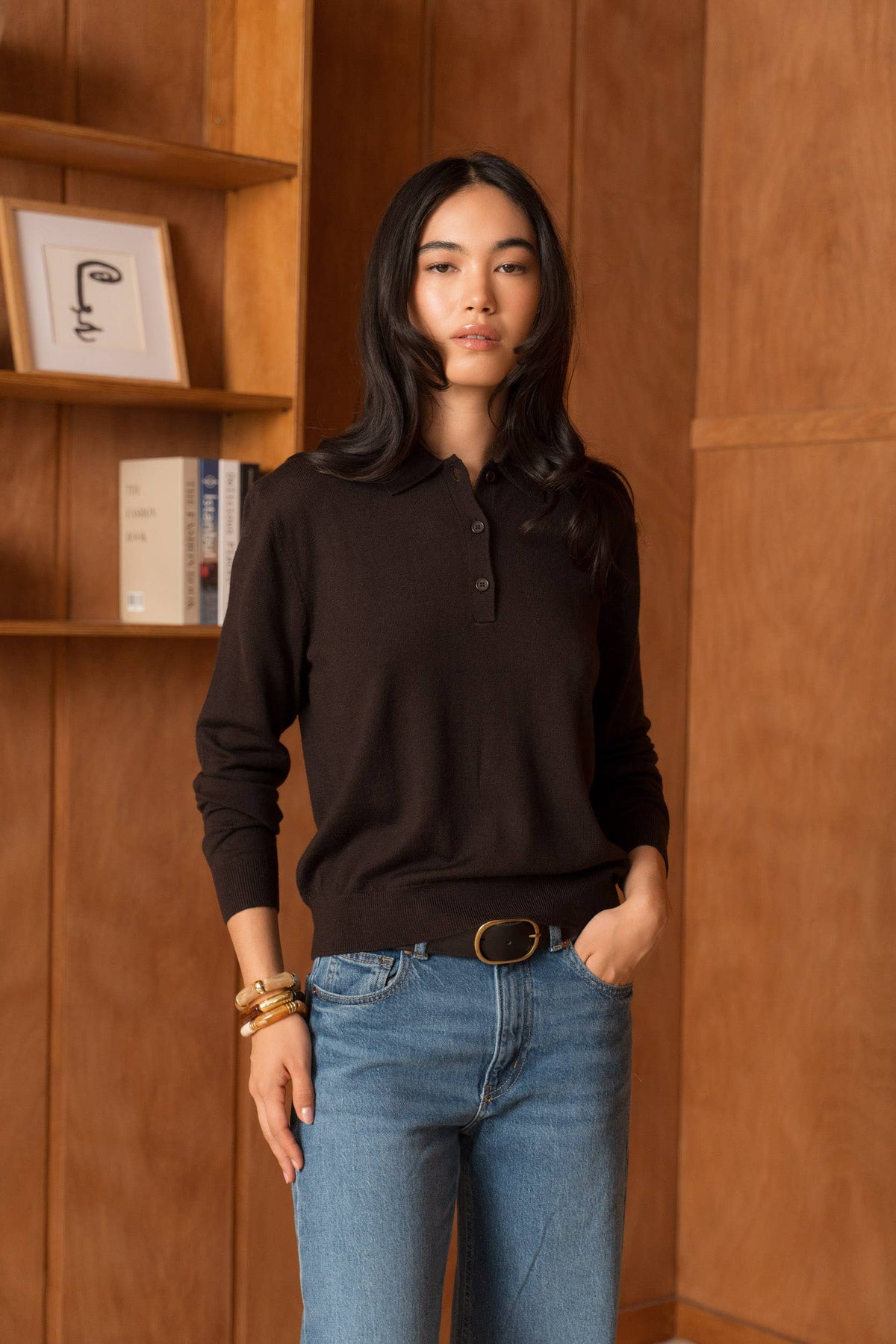 Brown Merino Wool Long Sleeve Polo - ME202616L
