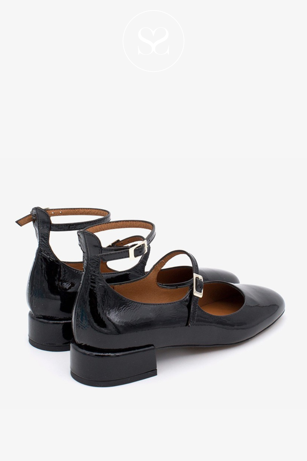 ANGEL ALARCON DOUBLE STRAP BLACK PATENT MARYJANE PUMPS - 24516