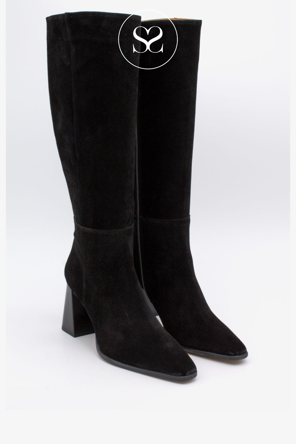 BLACK SUEDE KNEE HIGH HEELED BOOTS FROM ANGEL ALARON