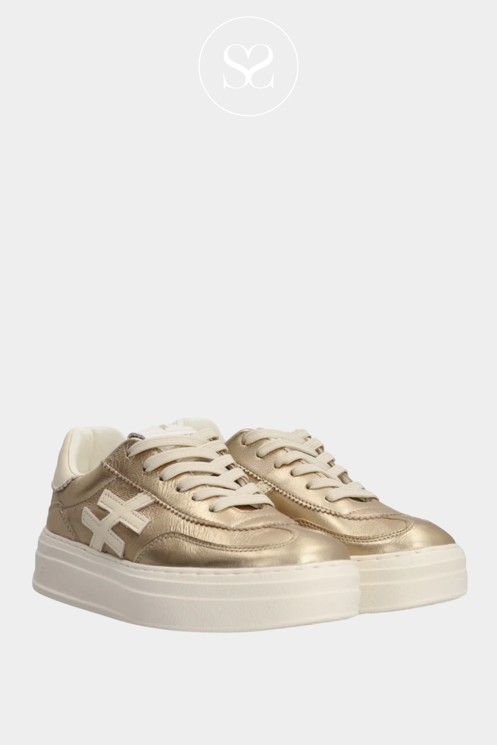 ANOTHER TREND A035 GOLD AND IVORY LEATHER PLATFORM LACE UP TRAINERS