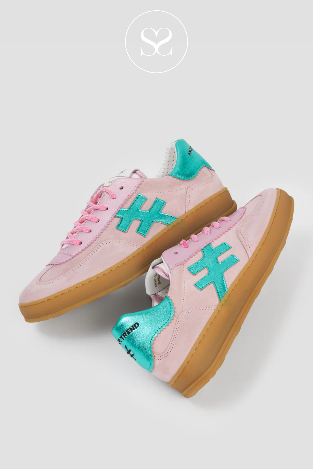 Photo: Soft baby pink suede and metallic aqua trainers from Another Trend