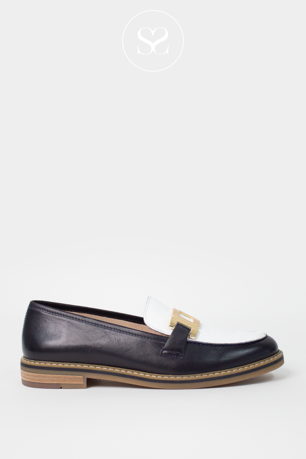 ARA 12-11252 NAVY AND CREAM LEATHER LOAFERS WITH A GOLD BUCKLE
